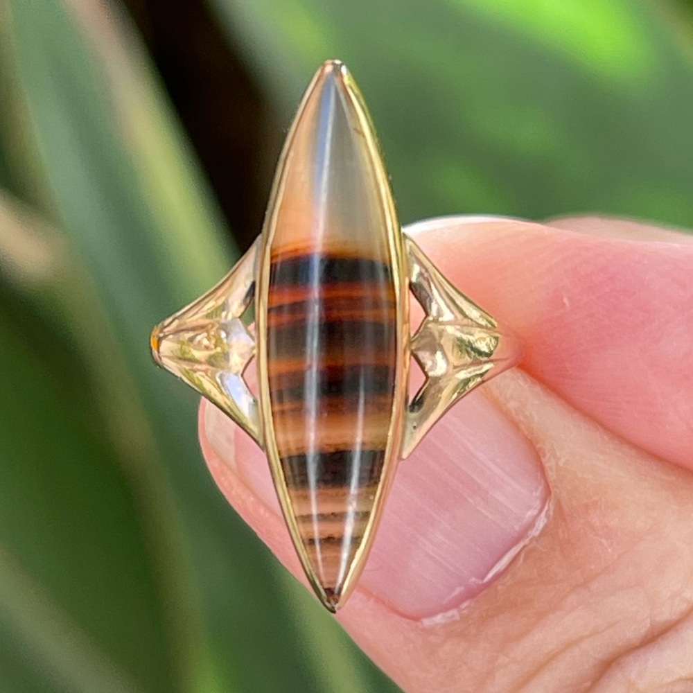 Victorian antique solid 10K rose gold banded agate ring - Picture 1 of 11